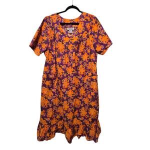 Vtg Hawaiian Floral Mumu Caftan House Dress Womens 2X Orange Purple Comfy Flowy
